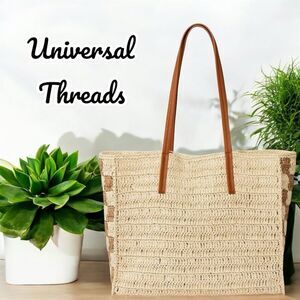 Universal Threads Women's Checkered Straw Tote Bag Beige Brown Large